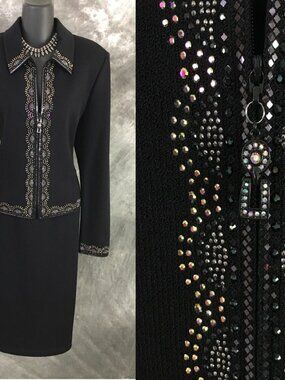 BEAUTIFUL St John evening knit black rhinestones embellished skirt suit 10 12